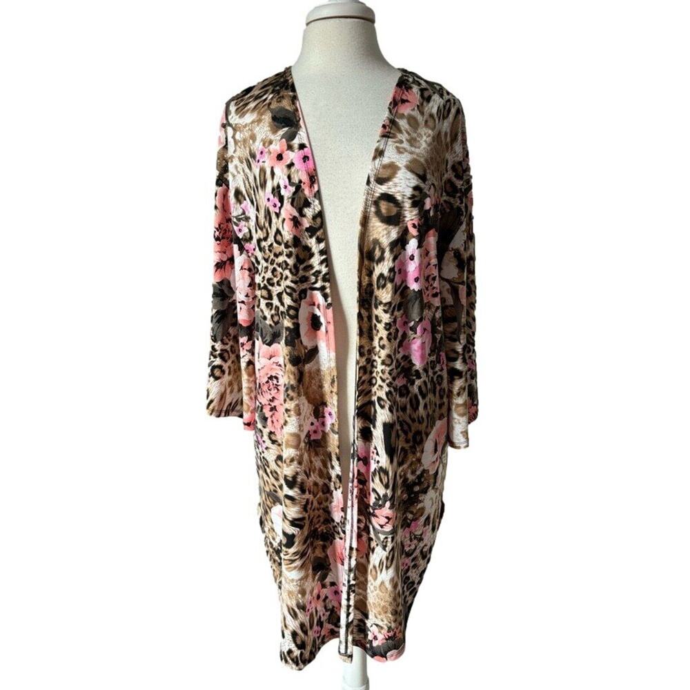 Boho Chic Women's XL Cardigan Pink Floral Animal Print‎ Lightweight Open Front